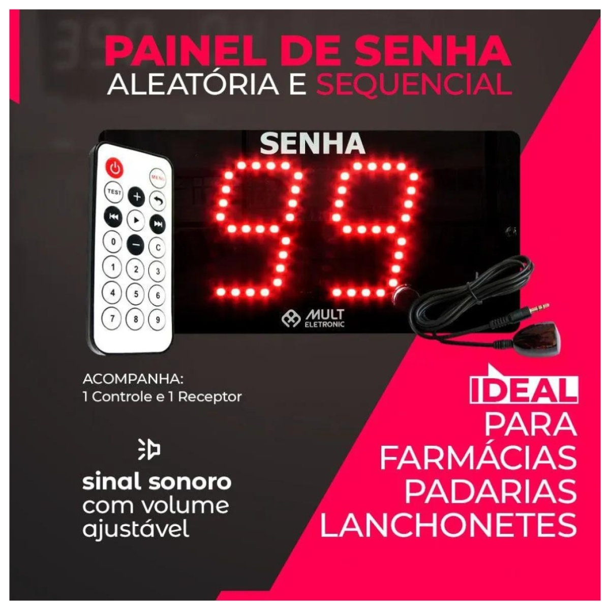 Painel de Senha 2 Dígitos 195X95MM Aleatória e Sequencial Multeletronic